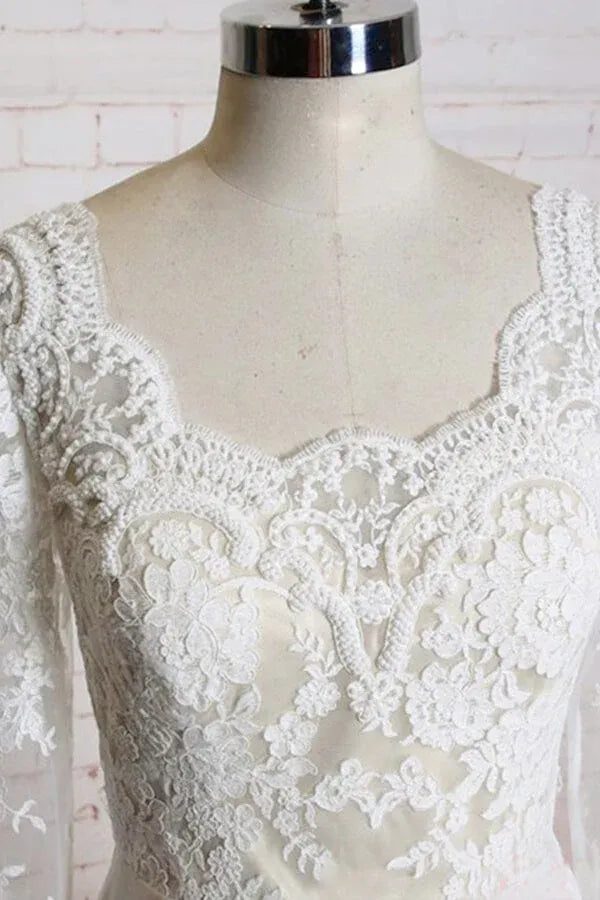 Wonderful Vintage Brush Train Long Sleeve Lace Chiffon A-Line Wedding Dress with Scalloped Neckline