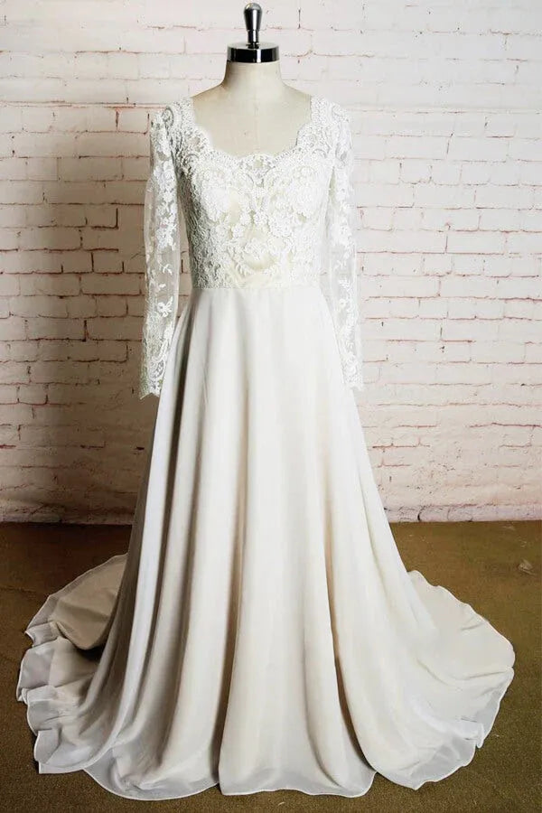 Wonderful Vintage Brush Train Long Sleeve Lace Chiffon A-Line Wedding Dress with Scalloped Neckline