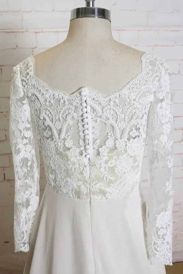 Wonderful Vintage Brush Train Long Sleeve Lace Chiffon A-Line Wedding Dress with Scalloped Neckline