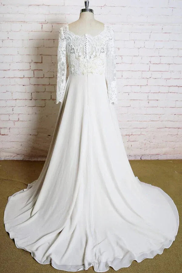 Wonderful Vintage Brush Train Long Sleeve Lace Chiffon A-Line Wedding Dress with Scalloped Neckline