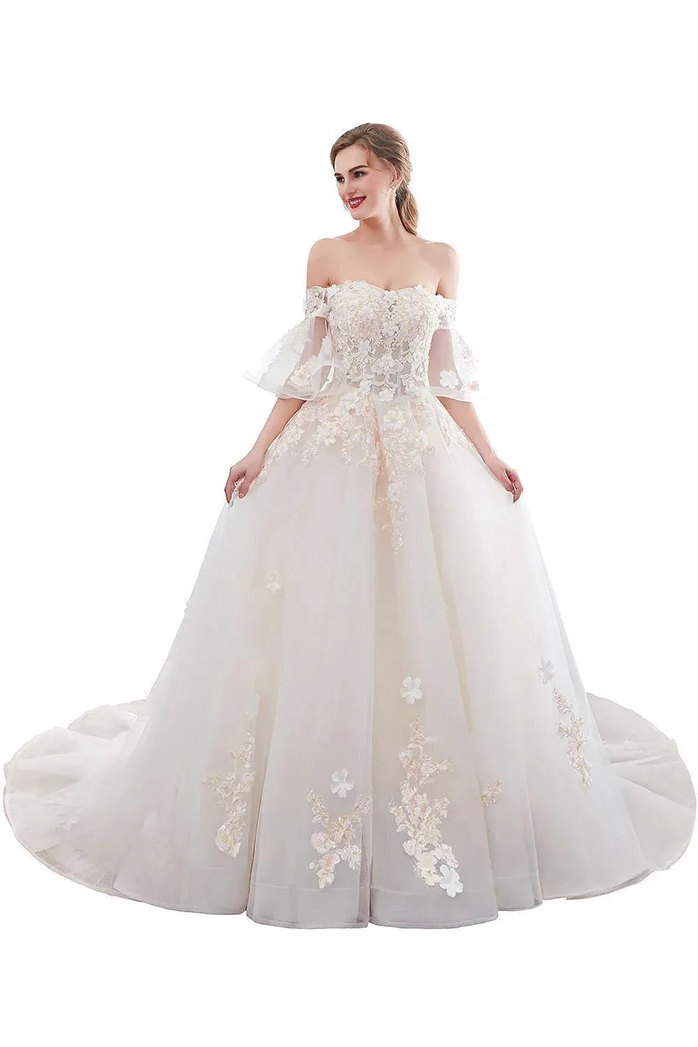 Wonderful Vintage Chapel Train Romantic Off-the-Shoulder Floral Applique Tulle Ball Gown Wedding Dress