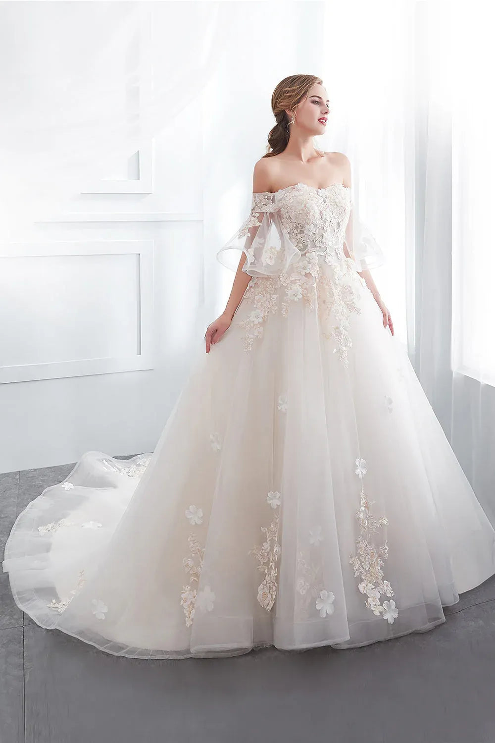 Wonderful Vintage Chapel Train Romantic Off-the-Shoulder Floral Applique Tulle Ball Gown Wedding Dress