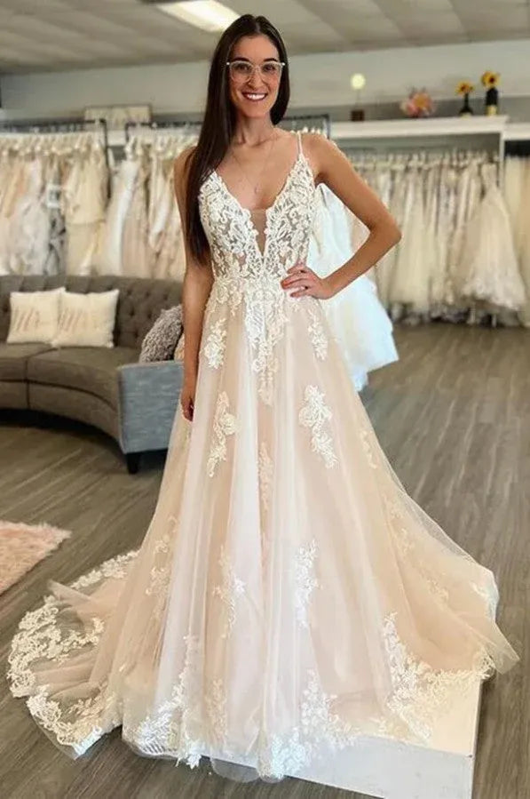 Wonderful Vintage Spaghetti Strap Lace Tulle A-Line Brush Train Wedding Dress with Low Back