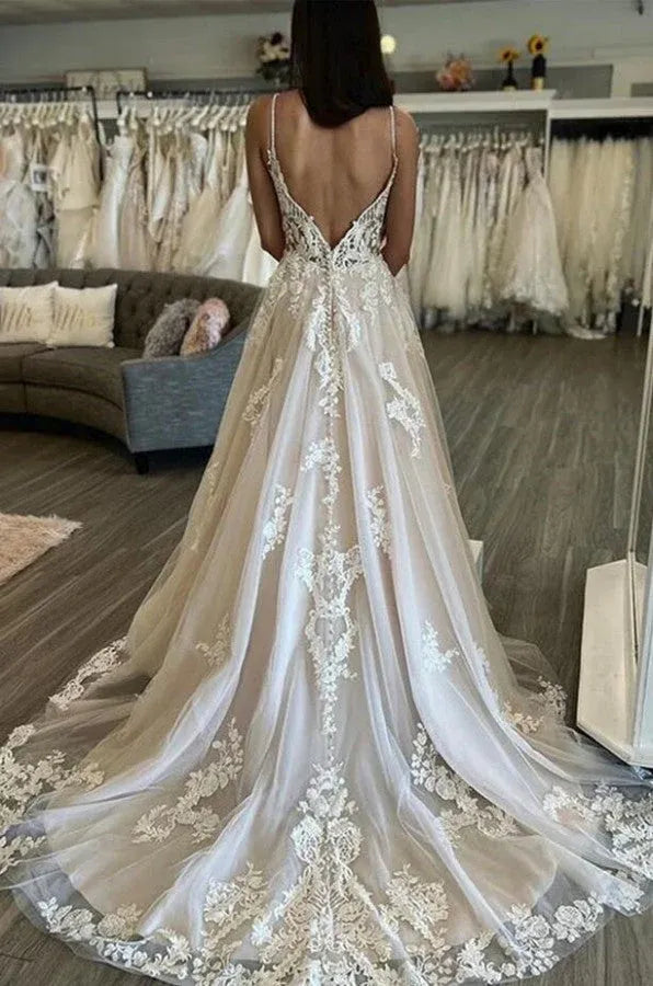Wonderful Vintage Spaghetti Strap Lace Tulle A-Line Brush Train Wedding Dress with Low Back