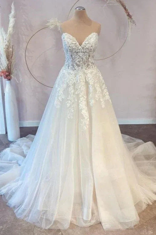 Wonderful Elegant Brush Train Strapless Sweetheart Lace Tulle A-Line Wedding Dress with Sheer Bodice