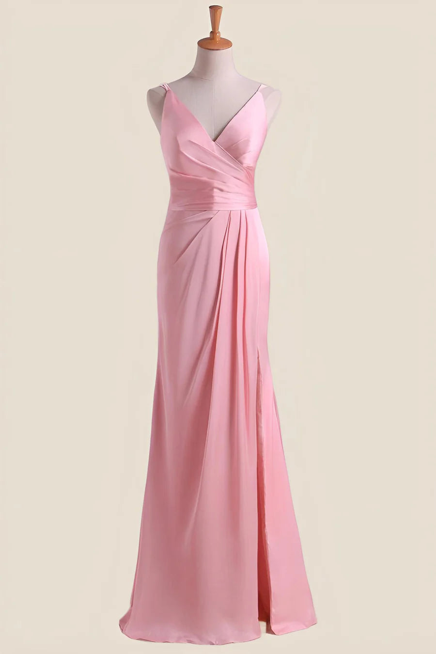 Pink Pleated Faux-Wrap Long Prom Dress