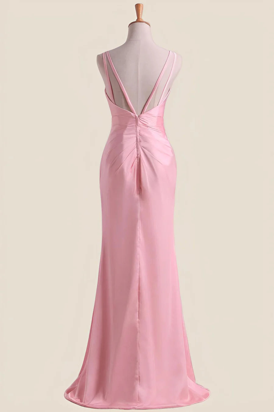 Pink Pleated Faux-Wrap Long Prom Dress