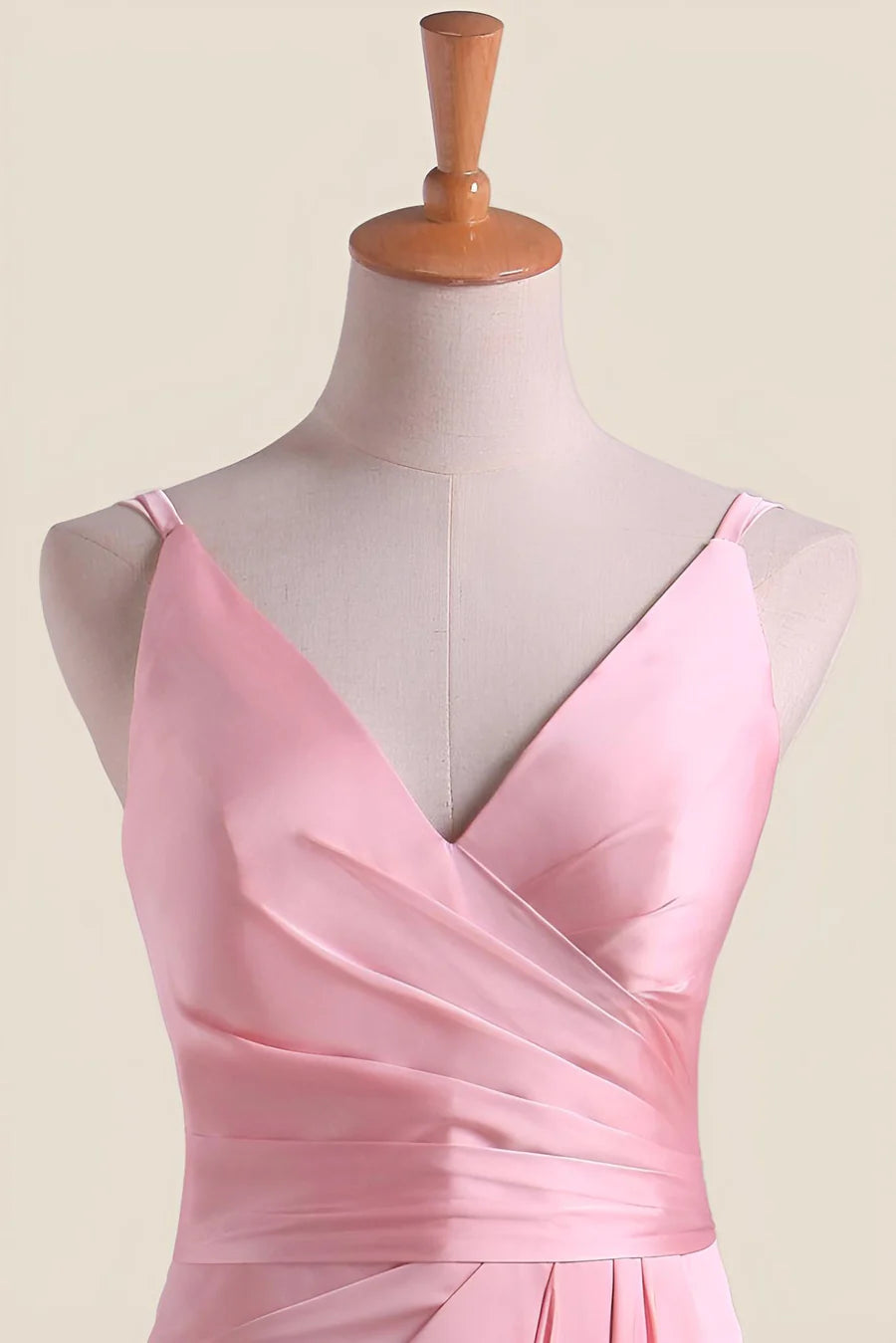 Pink Pleated Faux-Wrap Long Prom Dress