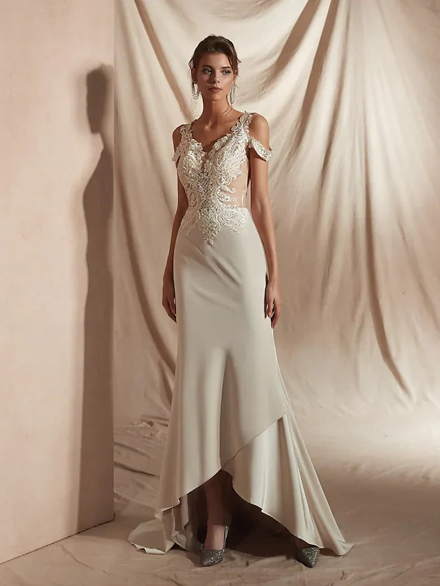 DingjiMermaid Trumpet Wedding Dresses V Neck Asymmetrical Matte Satin Short Sleeve Casual Sexy Illusion Detail Modern with Appliques