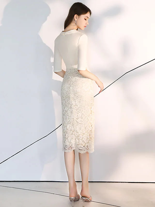 DingjiElegant bodycon Homecoming Cocktail Party Dress V Neck Half Sleeve Knee Length Lace Stretch Fabric with Sash Ribbon