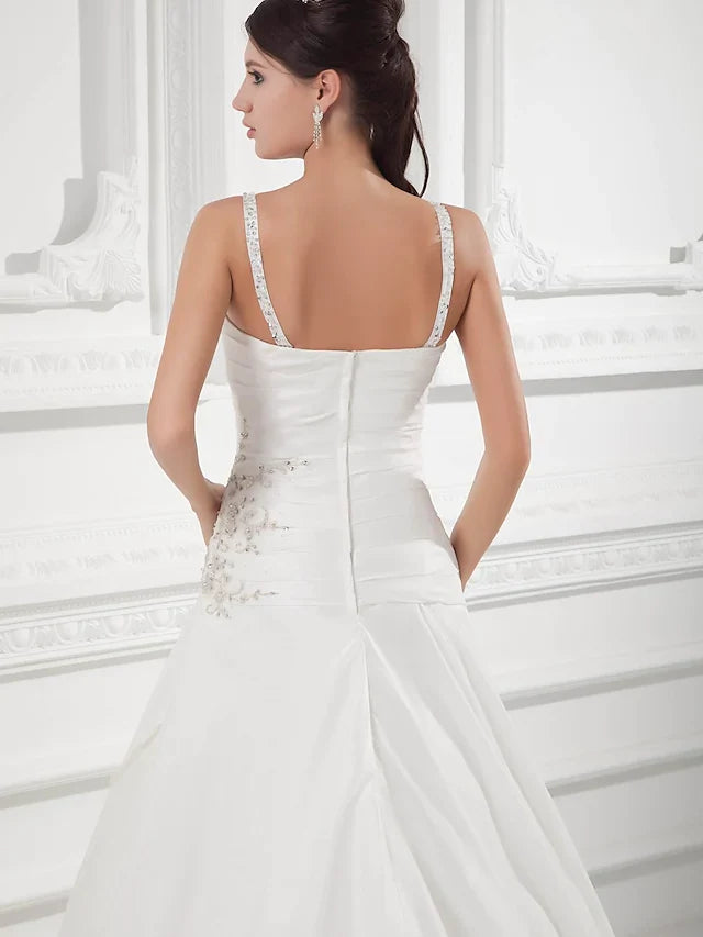 DingjiA-Line Wedding Dresses Square Neck Court Train Satin Taffeta Spaghetti Strap with Ruched Beading Draping