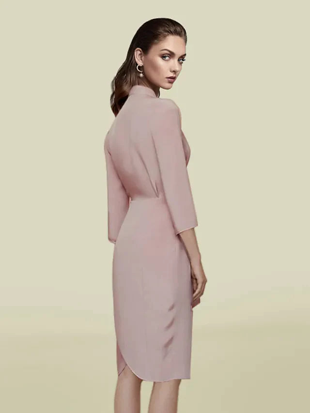 Mother of the Bride Dress Elegant V Neck Knee Length Charmeuse Length Sleeve with Sash Ribbon Pleats