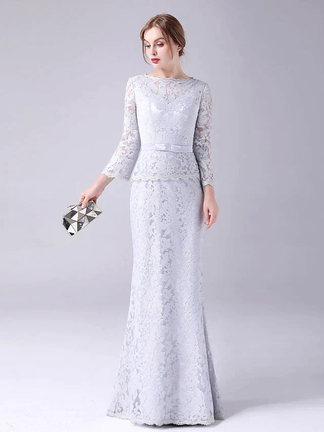 Mother of the Bride Dress Elegant Sweet Jewel Neck Floor Length Lace Long Sleeve with Sash Ribbon Bow(s)