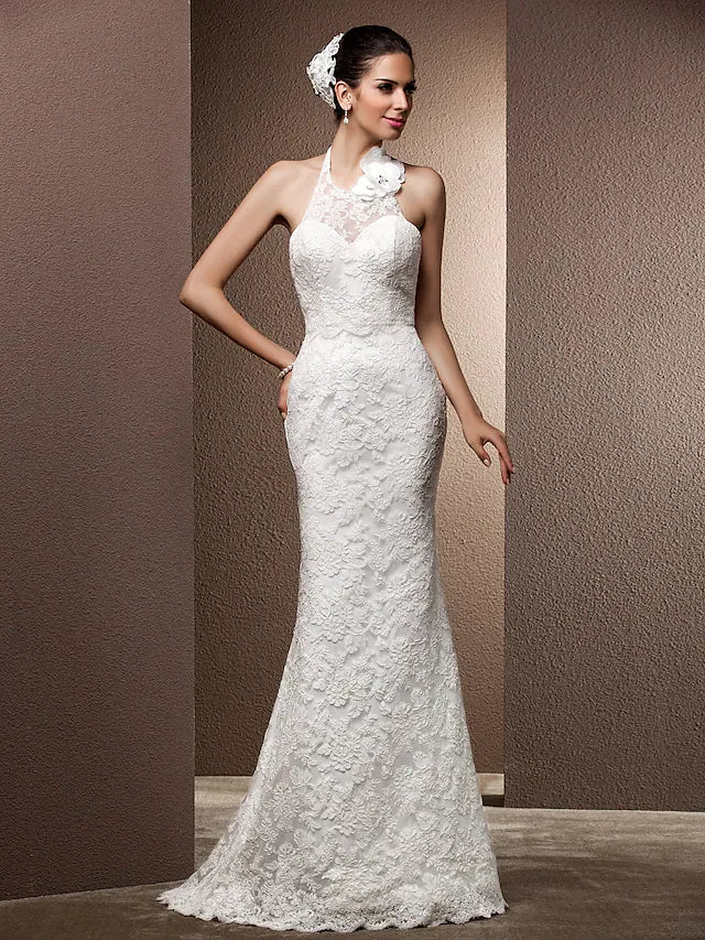 DingjiWedding Dresses Halter Neck Lace Regular Straps Open Back with Beading Flower Button