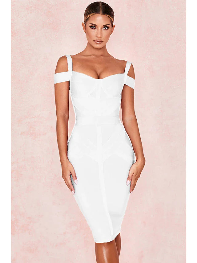 DingjiHot Sexy Party Wear Cocktail Party Valentine's Day Dress Off Shoulder Sleeveless Knee Length Spandex with Sleek