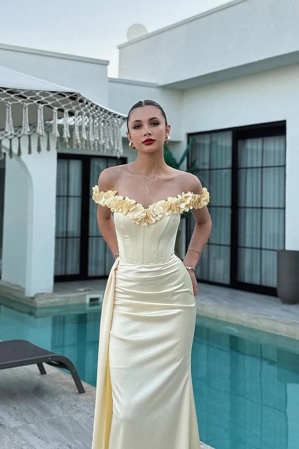 Cream Satin Maxi Prom Dresses with Off Shoulder 3D Floral Applique Lace Up Back and Train