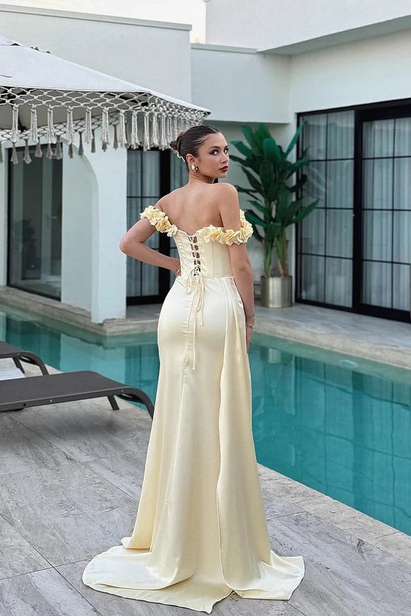 Cream Satin Maxi Prom Dresses with Off Shoulder 3D Floral Applique Lace Up Back and Train