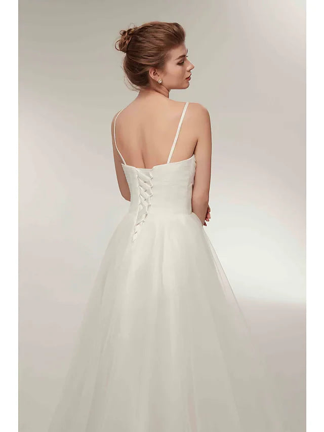 DingjiA-Line Wedding Dresses V Neck Asymmetrical Tulle Spaghetti Strap Simple Casual Little White Dress with Side-Draped