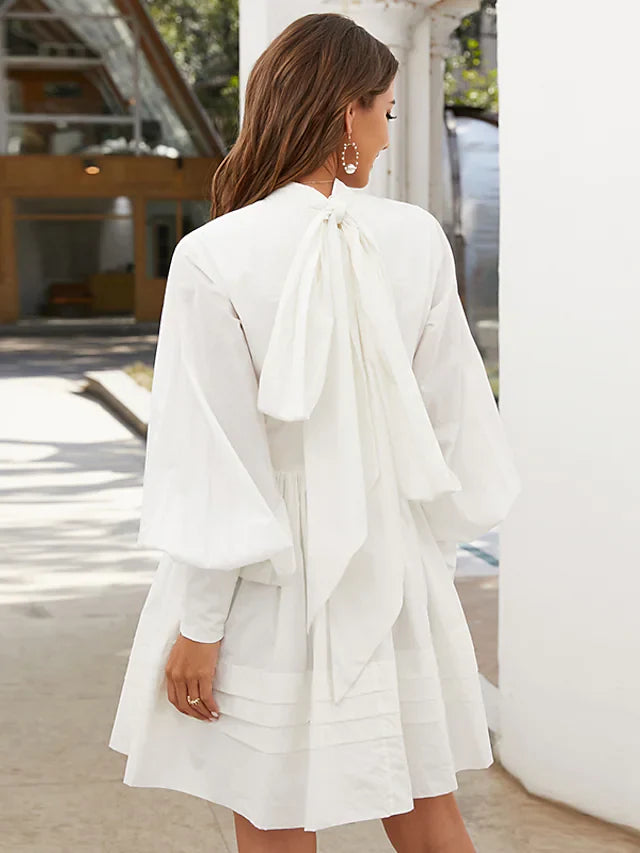 DingjiA-Line Elegant Vintage Party Wear Wedding Guest Valentine's Day Dress High Neck Long Sleeve Short Mini Cotton with Ruffles