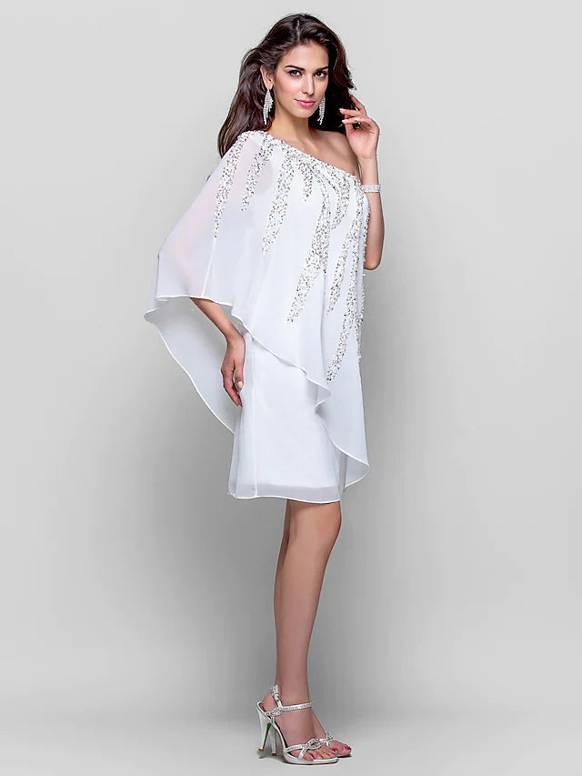 DingjiSparkle White Wedding Guest Cocktail Party Dress One Shoulder Sleeveless Knee Length Chiffon with Sequin
