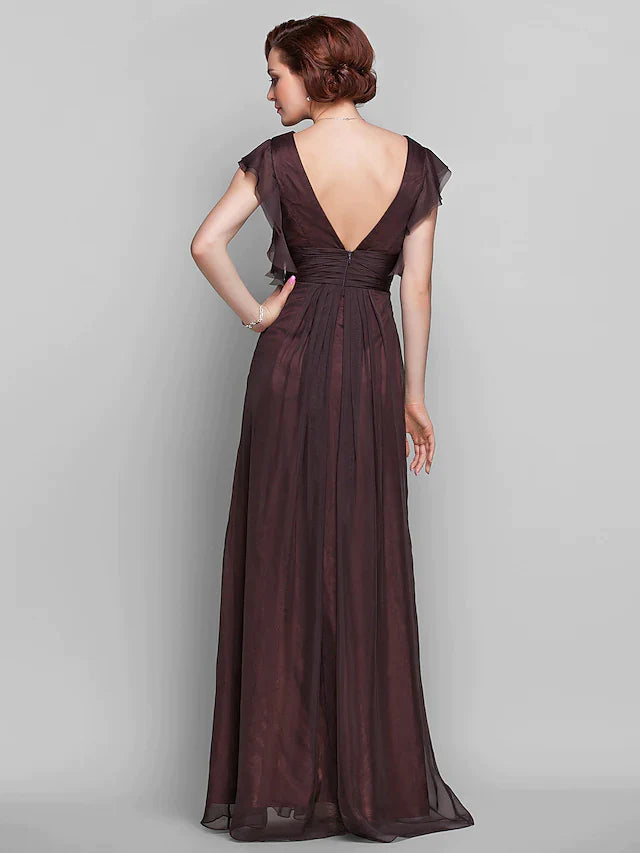 Mother of the Bride Dress Beautiful Back V Neck Floor Length Chiffon Short Sleeve with Criss Cross Ruched Draping