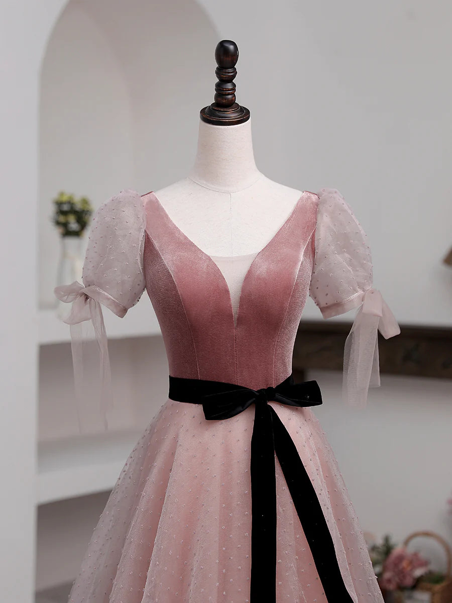 A-Line Pink Tulle Velvet Long Prom Dress Pink Formal Dresses