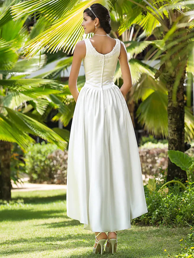 DingjiPrincess A-Line Wedding Dresses Scoop Neck Asymmetrical Satin Sleeveless with Beading Appliques Pocket