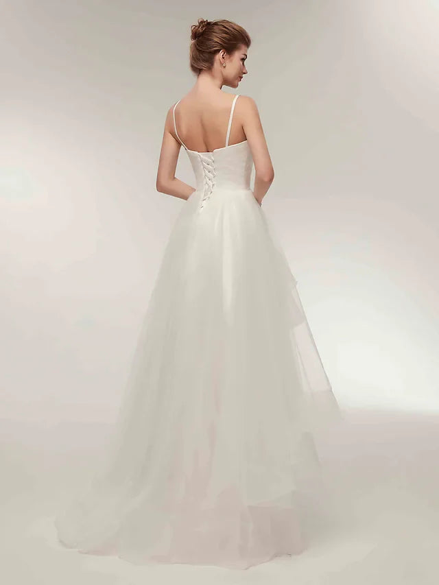 DingjiA-Line Wedding Dresses V Neck Asymmetrical Tulle Spaghetti Strap Simple Casual Little White Dress with Side-Draped