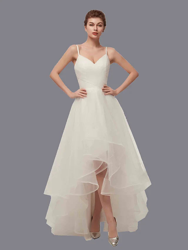 DingjiA-Line Wedding Dresses V Neck Asymmetrical Tulle Spaghetti Strap Simple Casual Little White Dress with Side-Draped