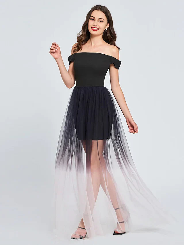 DingjiMinimalist Sexy Engagement Cocktail Party Dress Off Shoulder Sleeveless Short Mini Tulle with Pleats