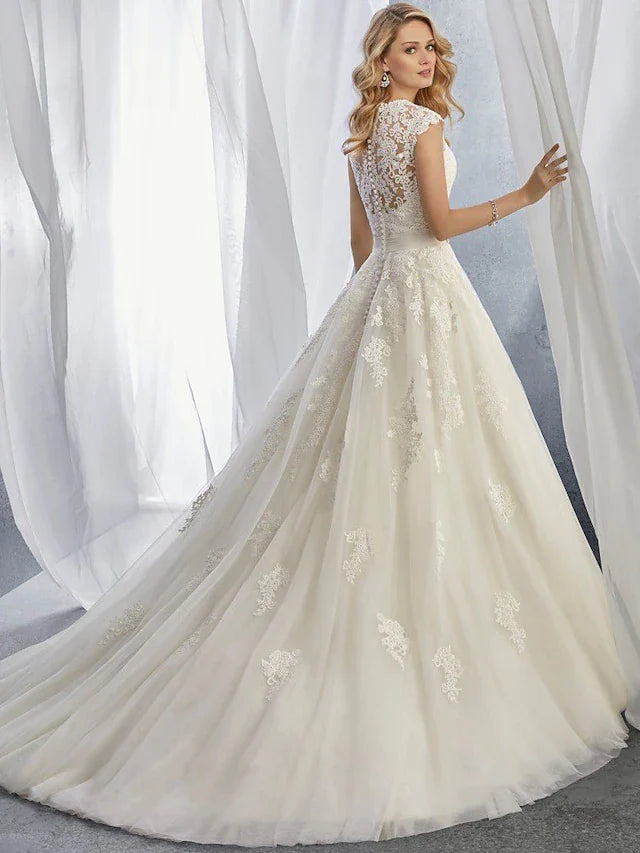 DingjiBall Gown Wedding Dresses Sweetheart Neckline Chapel Train Lace Tulle Regular Straps with Appliques