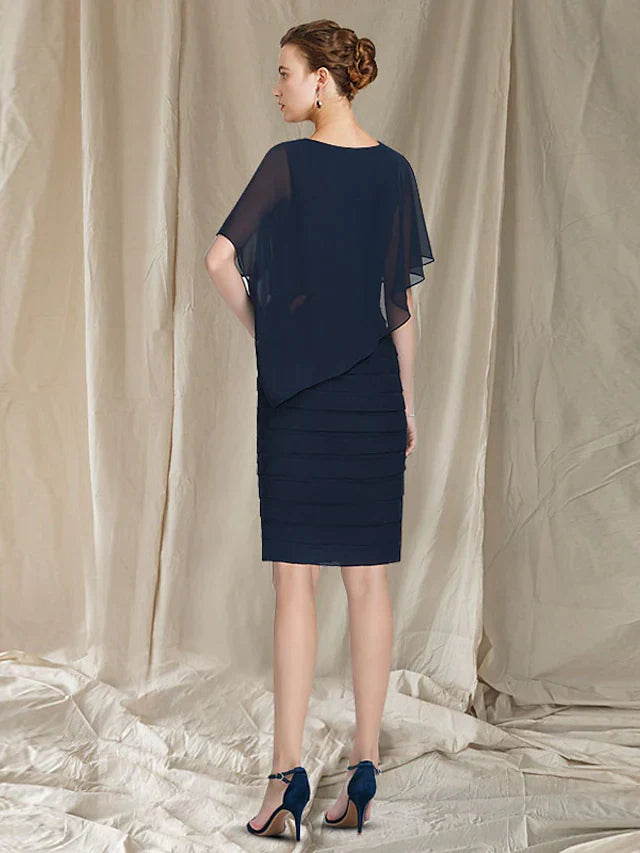 Mother of the Bride Dress Elegant Jewel Neck Knee Length Chiffon Sleeveless with Ruched Ruffles