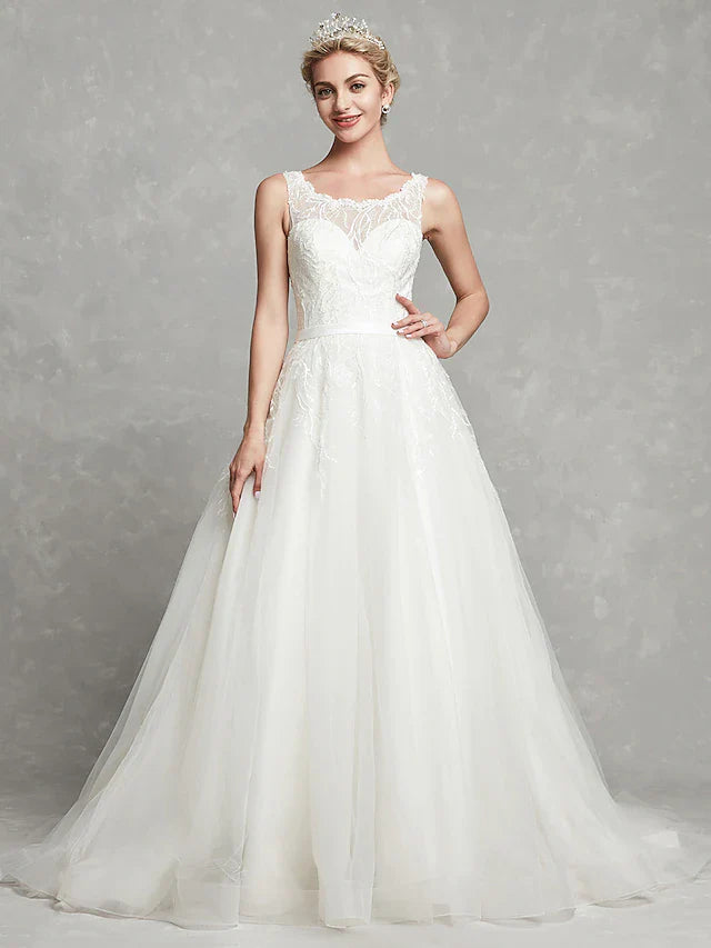 DingjiA-Line Wedding Dresses Scoop Neck Chapel Train Lace Tulle Regular Straps Formal Illusion Detail with Lace Sash Ribbon