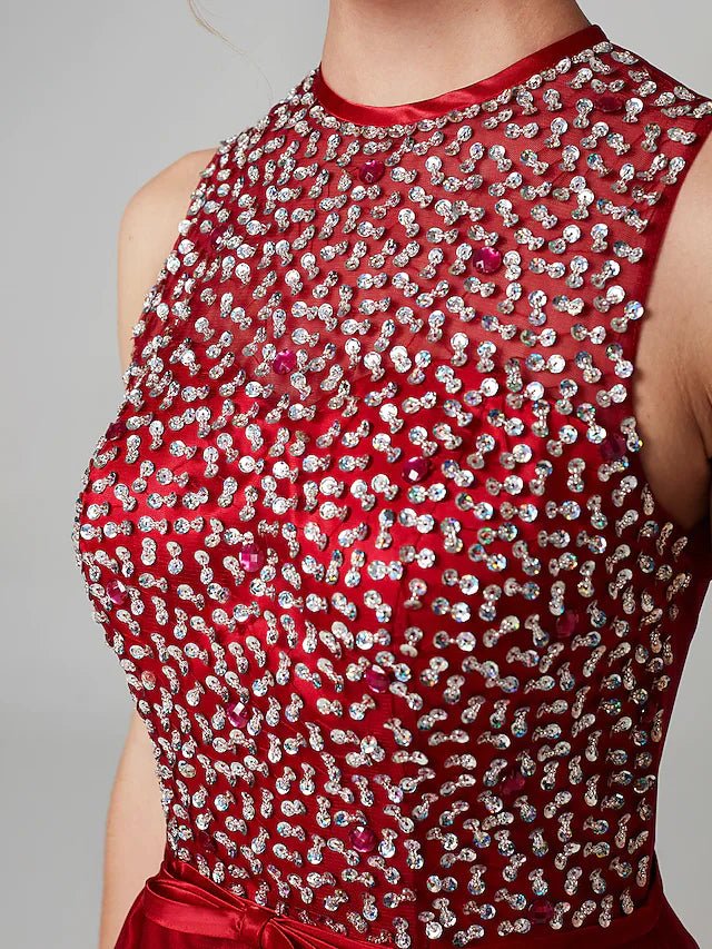 DingjiA-Line Sparkle & Shine High Low Keyhole Cocktail Party Prom Dress Jewel Neck Sleeveless Asymmetrical Satin Tulle with Bow(s) Sequin