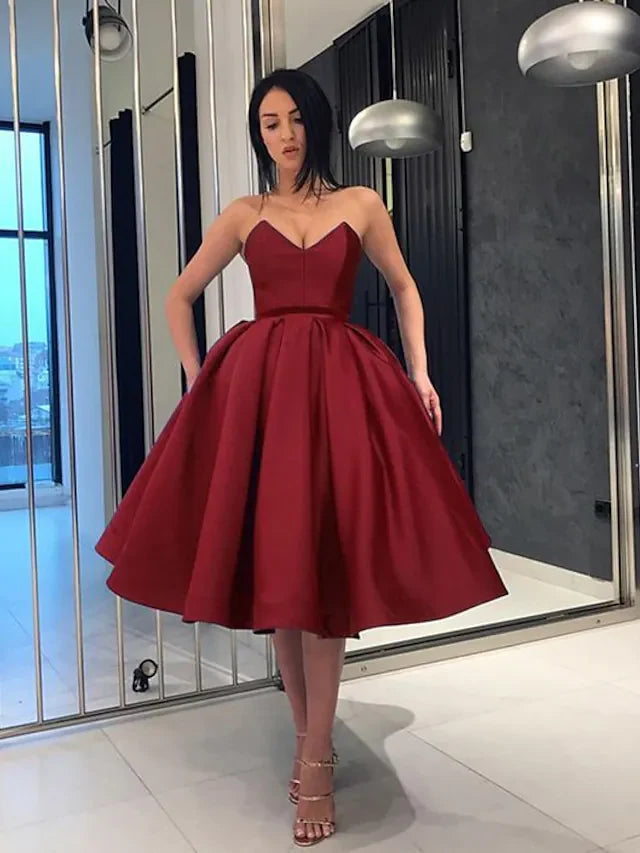 DingjiA-Line Minimalist Elegant Party Wear Cocktail Party Dress Strapless Sleeveless Knee Length Satin with Sleek