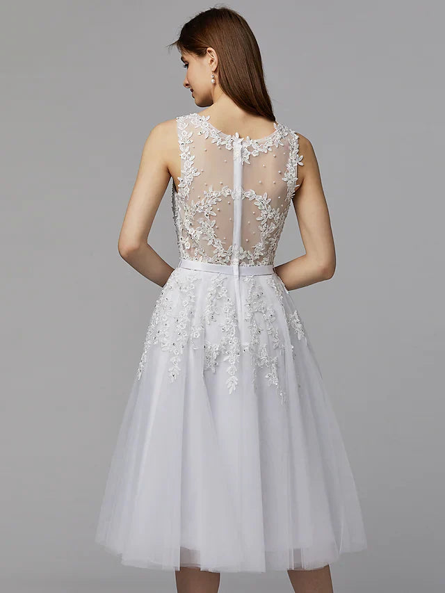 DingjiA-Line Elegant Floral Homecoming Prom Dress Illusion Neck Sleeveless Tea Length Lace Satin with Beading Appliques