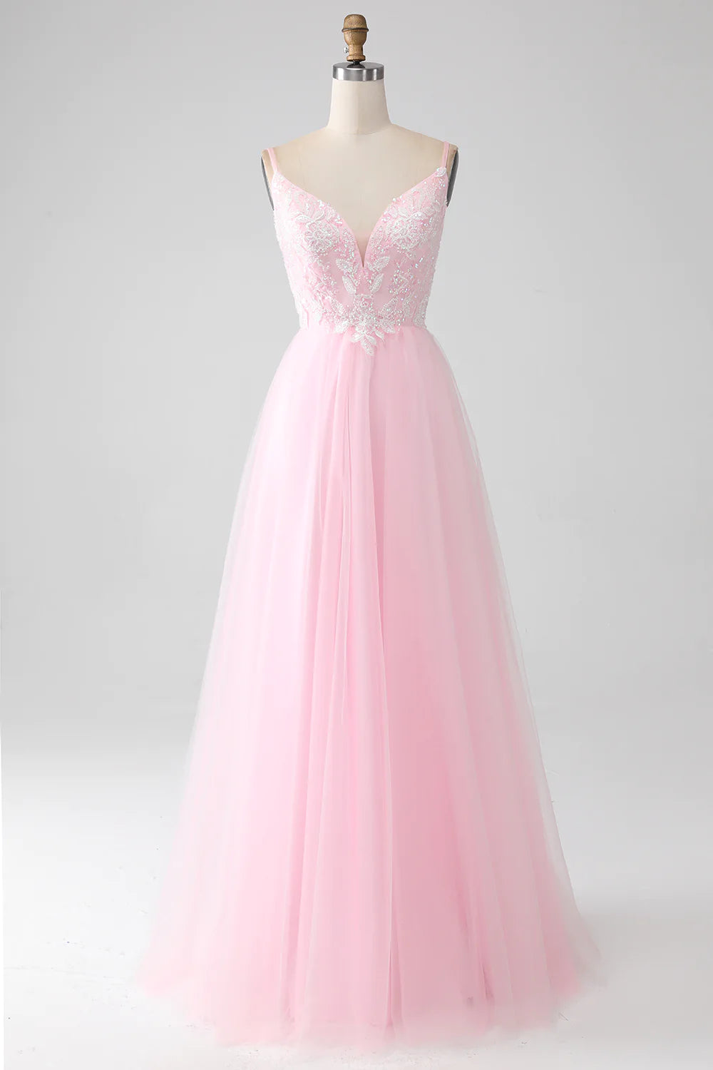 Light Pink A-Line Spaghetti Straps Prom Dress with Beading