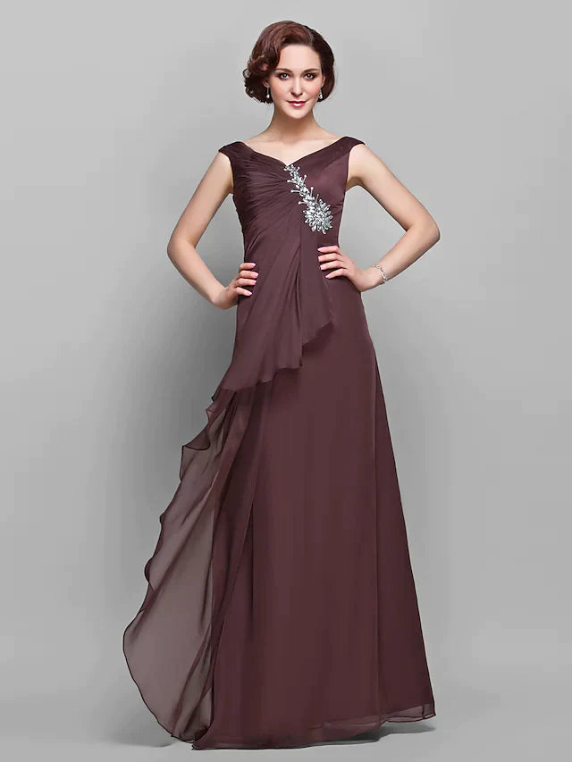 A-Line Mother of the Bride Dress Vintage Inspired V Neck Floor Length Chiffon Sleeveless with Crystals Ruffles Side Draping