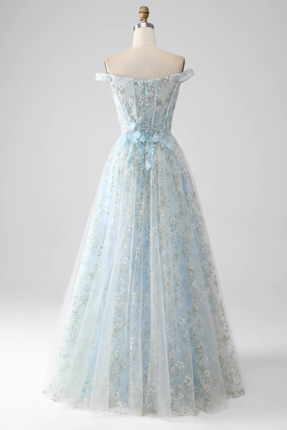 Light Blue A-Line Off the Shoulder Long Corset Prom Dress