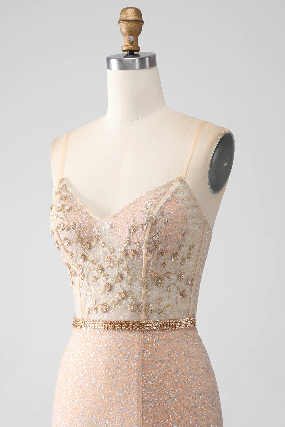 Mermaid Champagne Spaghetti Straps Long Prom Dress with Slit