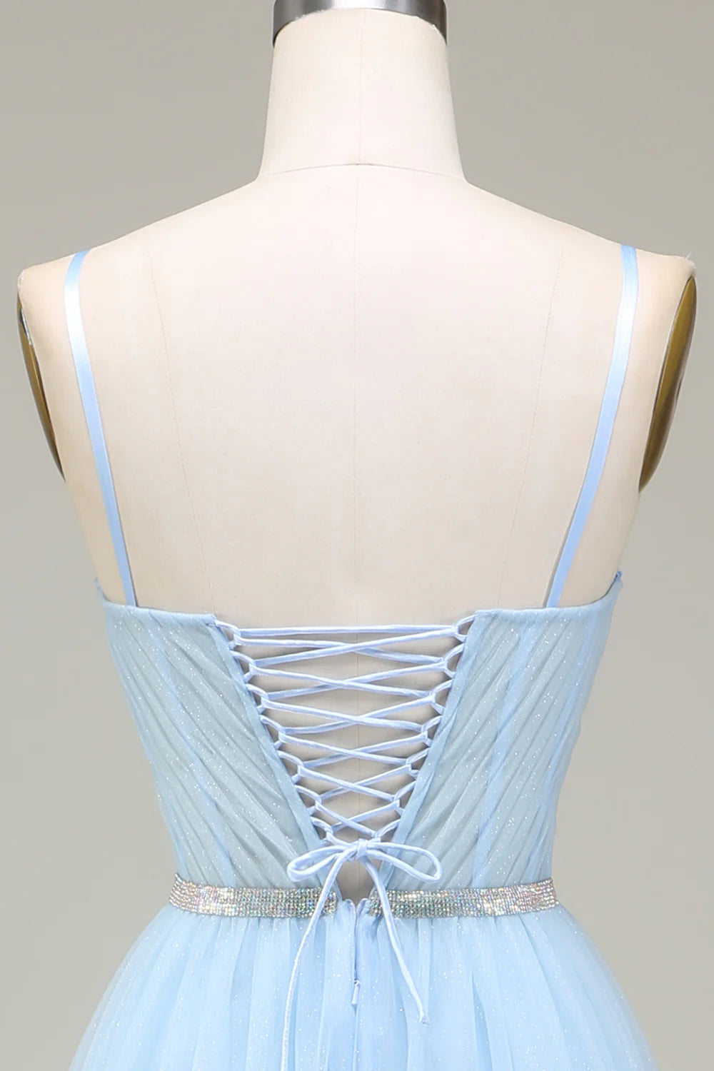 Sparkly Light Blue A-Line Tulle Prom Dress With Appliques