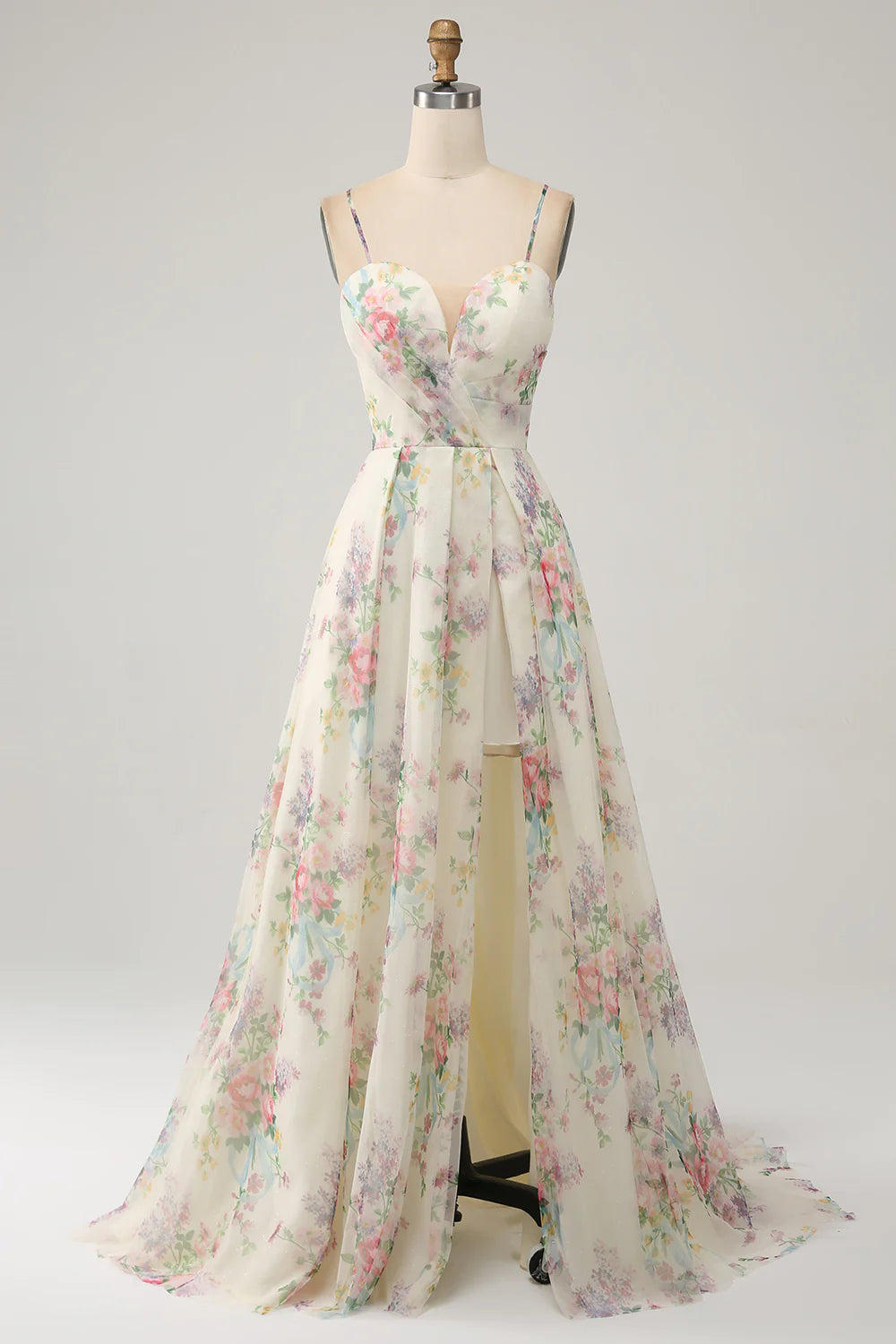 A-Line Flower Printed Ivory Prom Dress with Slit