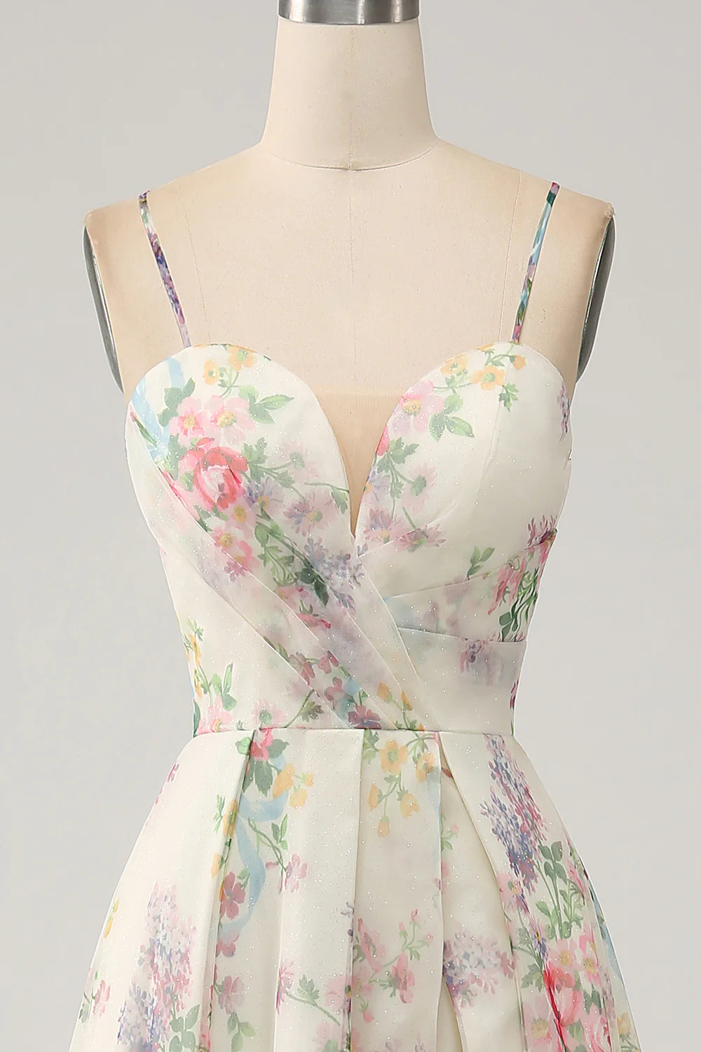 A-Line Flower Printed Ivory Prom Dress with Slit