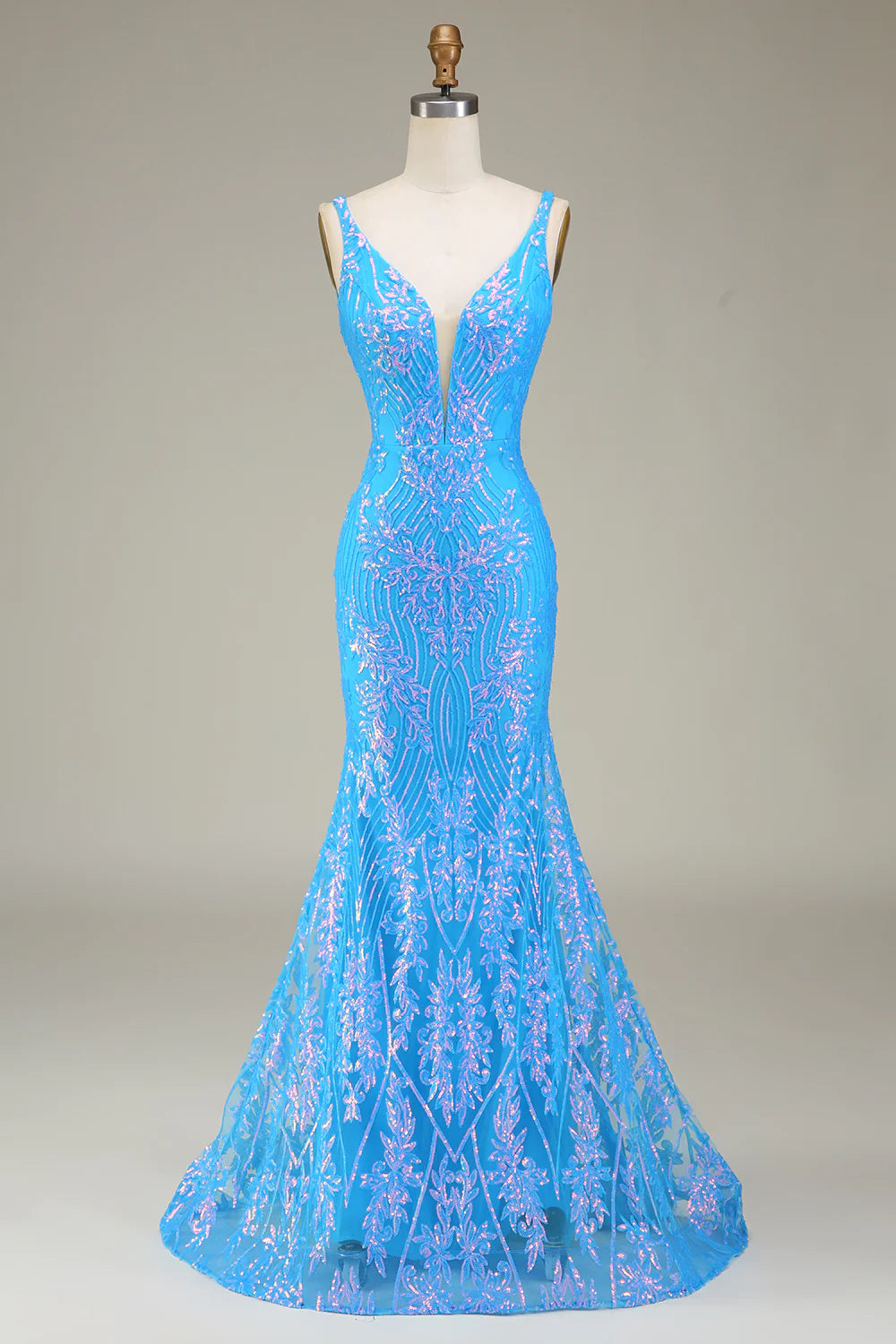 Sparkly Blue Deep V-neck Mermaid Prom Dress