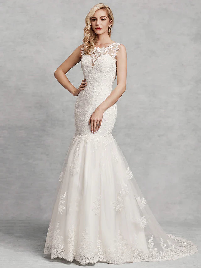 DingjiWedding Dresses Scoop Neck Court Train Lace Satin Tulle Regular Straps Beautiful Back with Lace Appliques