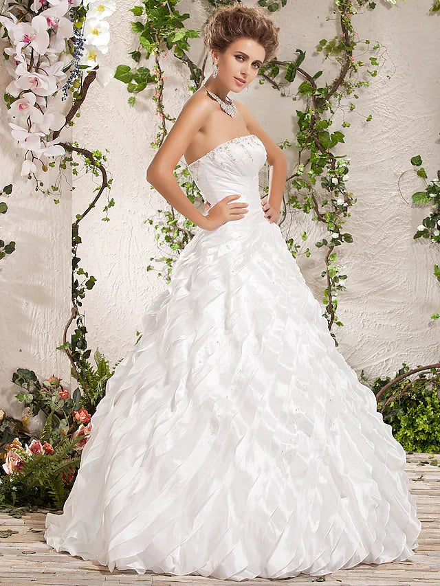 Ball Gown Wedding Dresses Strapless Floor Length Taffeta Sleeveless with Beading Cascading Ruffle Criss-Cross
