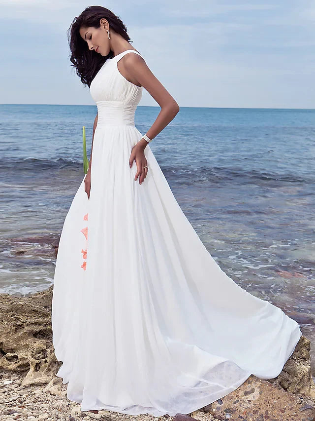 DingjiA-Line Wedding Dresses Jewel Neck Chiffon Regular Straps Formal Beach Plus Size with Ruched Draping