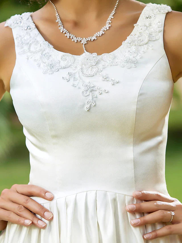 DingjiPrincess A-Line Wedding Dresses Scoop Neck Asymmetrical Satin Sleeveless with Beading Appliques Pocket