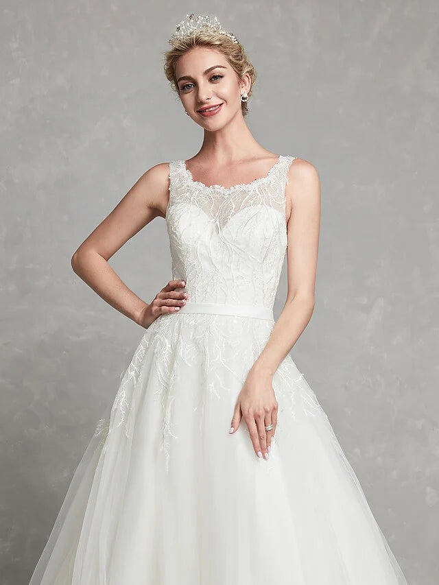 DingjiA-Line Wedding Dresses Scoop Neck Chapel Train Lace Tulle Regular Straps Formal Illusion Detail with Lace Sash Ribbon