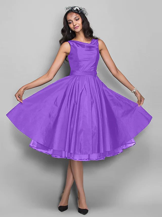 DingjiBall Gown Cocktail Party Prom Dress V Neck Sleeveless Knee Length Taffeta with Pleats Crystals
